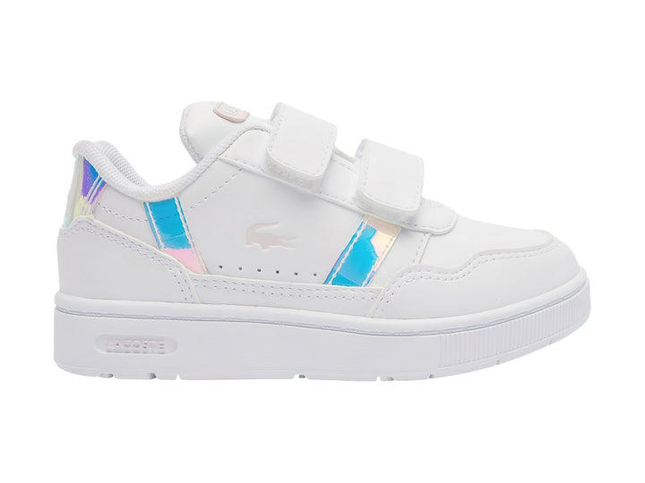 Tenis blancos Lacoste con detalles iridiscentes y cierres de velcro.