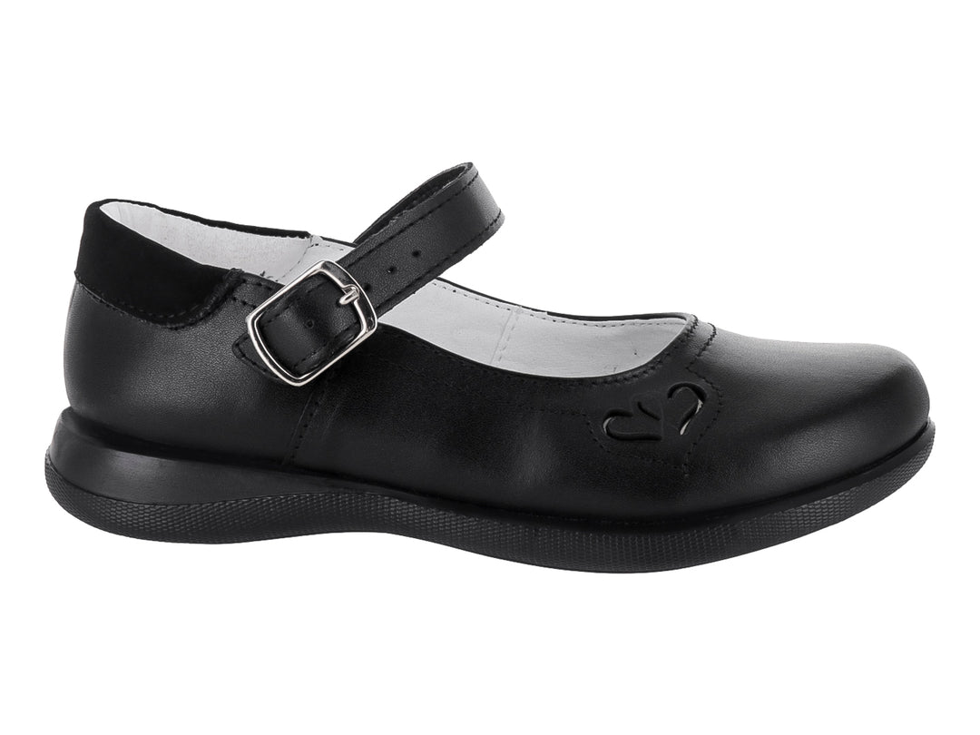 Zapato infantil negro estilo Mary Jane con correa y hebilla plateada.