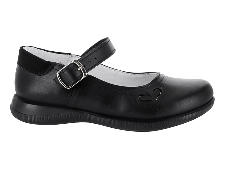 Zapato infantil negro estilo Mary Jane con correa y hebilla plateada.