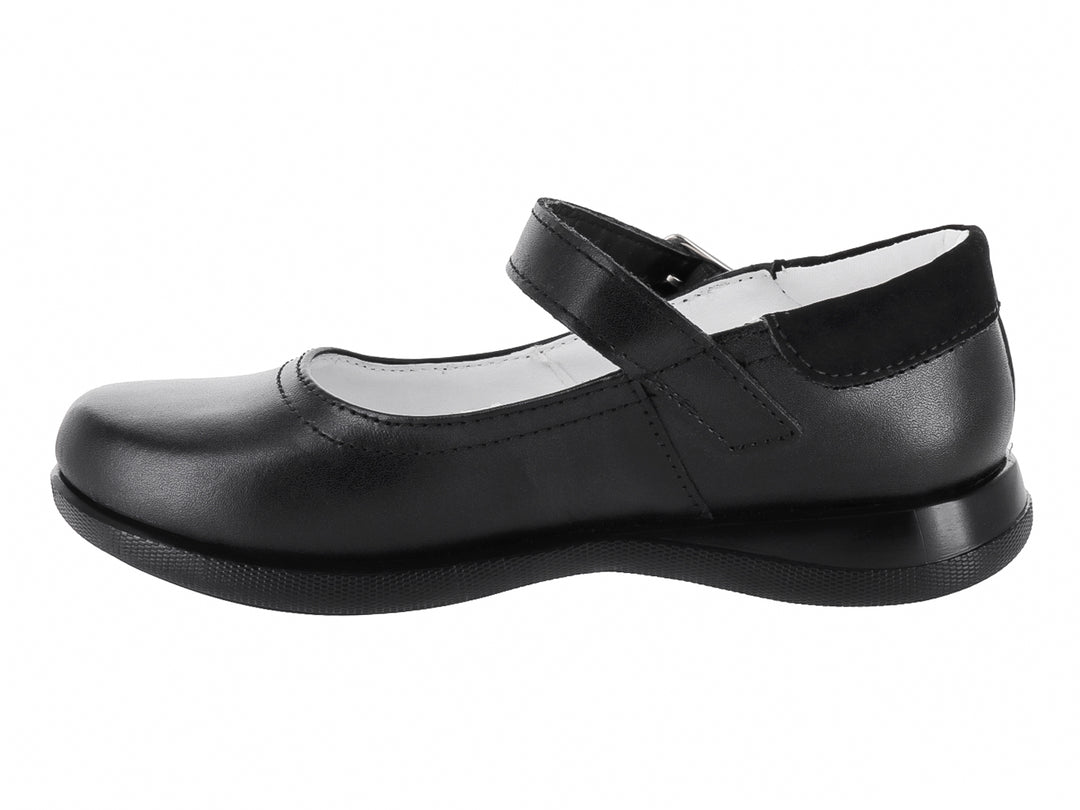 Zapato infantil negro estilo Mary Jane con correa y hebilla plateada.