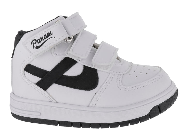 Tenis infantiles color blanco con detalles en negro y cierres de velcro.