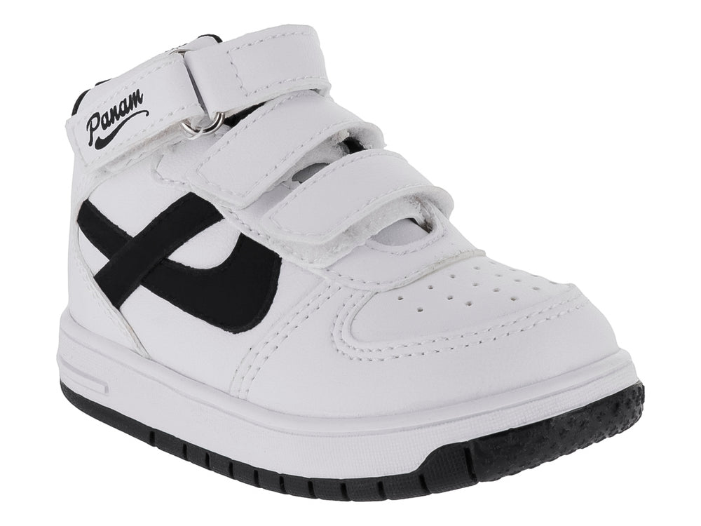 Tenis infantiles color blanco con detalles en negro y cierres de velcro.