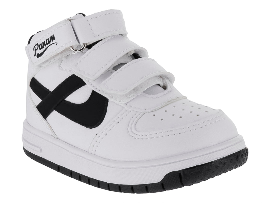 Tenis infantiles color blanco con detalles en negro y cierres de velcro.