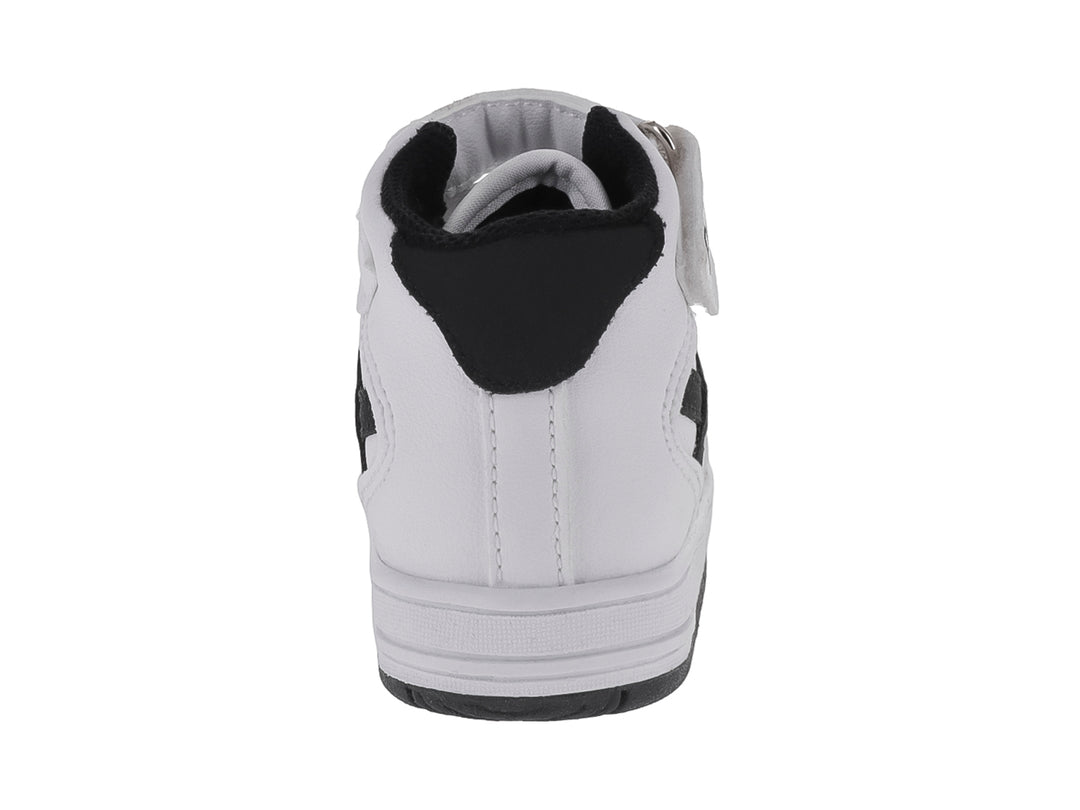 Tenis infantiles color blanco con detalles en negro y cierres de velcro.