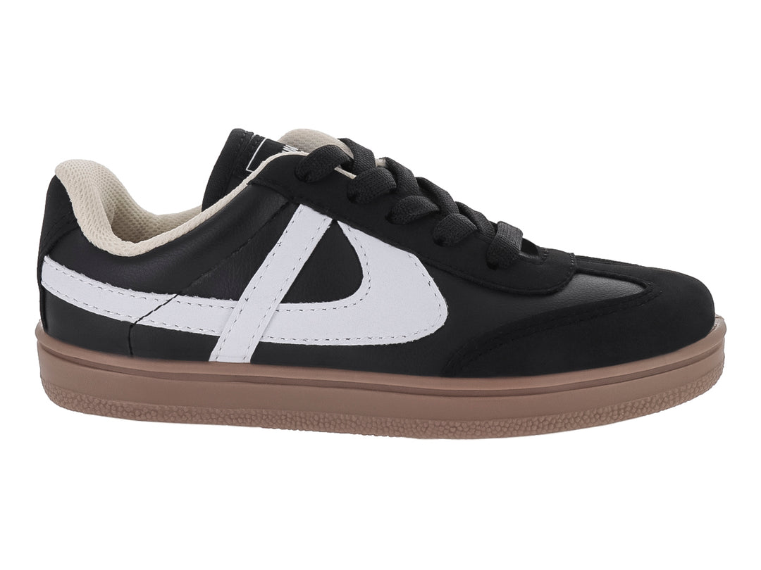 Tenis infantiles Panam color negro con franja blanca y suela color café.