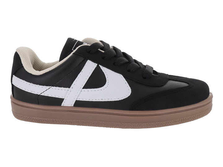 Tenis infantiles Panam color negro con franja blanca y suela color café.