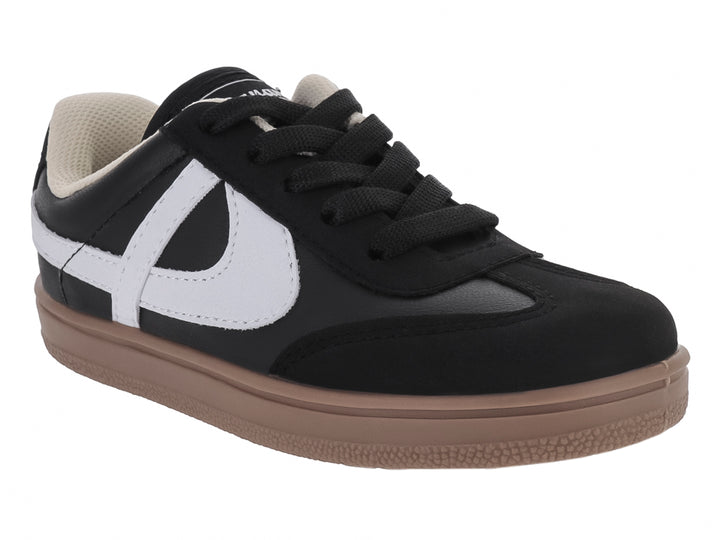 Tenis infantiles Panam color negro con franja blanca y suela color café.