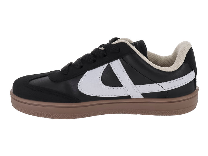 Tenis infantiles Panam color negro con franja blanca y suela color café.