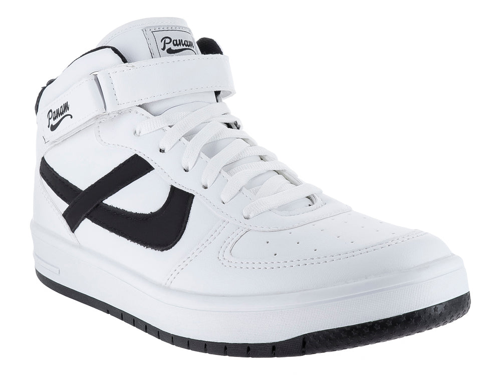 Tenis Panam de bota color blanco con detalles y suela en color negro.