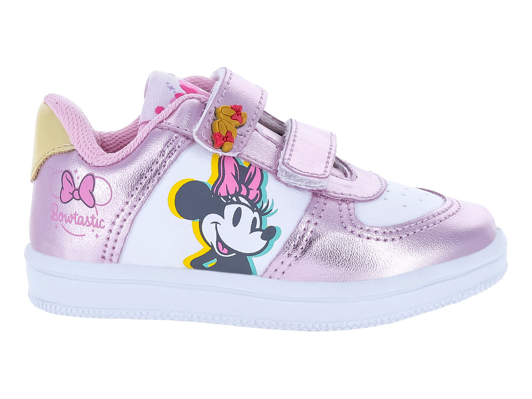 Tenis infantiles PANAM color blanco y rosa metálico con diseño de Minnie Mouse y cierre de velcro.