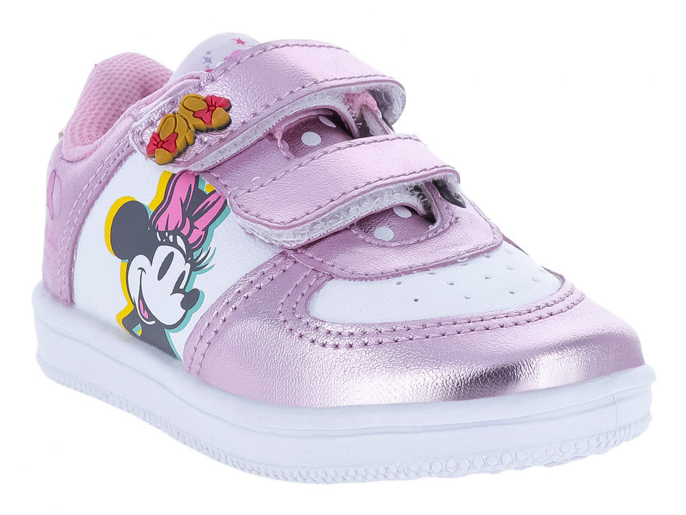 Tenis infantiles PANAM color blanco y rosa metálico con diseño de Minnie Mouse y cierre de velcro.
