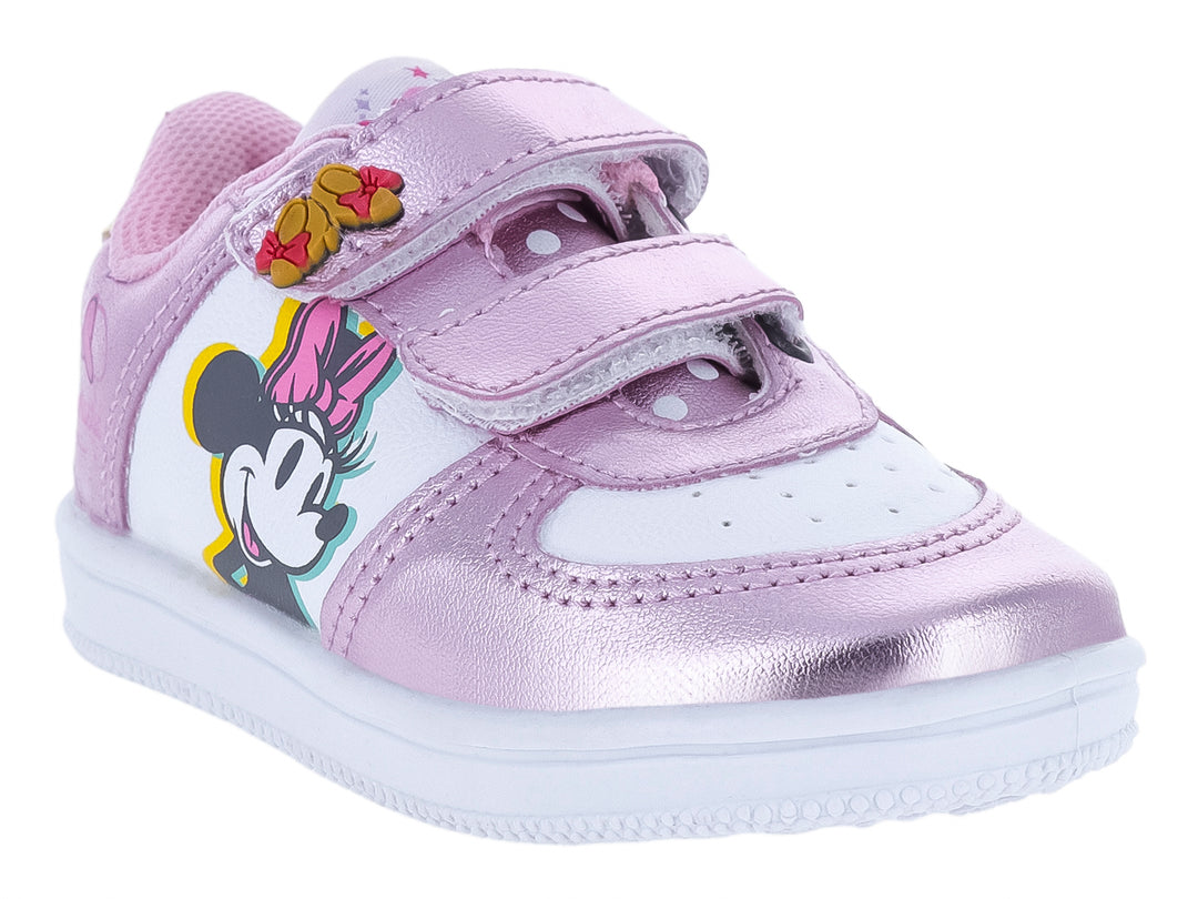 Tenis infantiles PANAM color blanco y rosa metálico con diseño de Minnie Mouse y cierre de velcro.