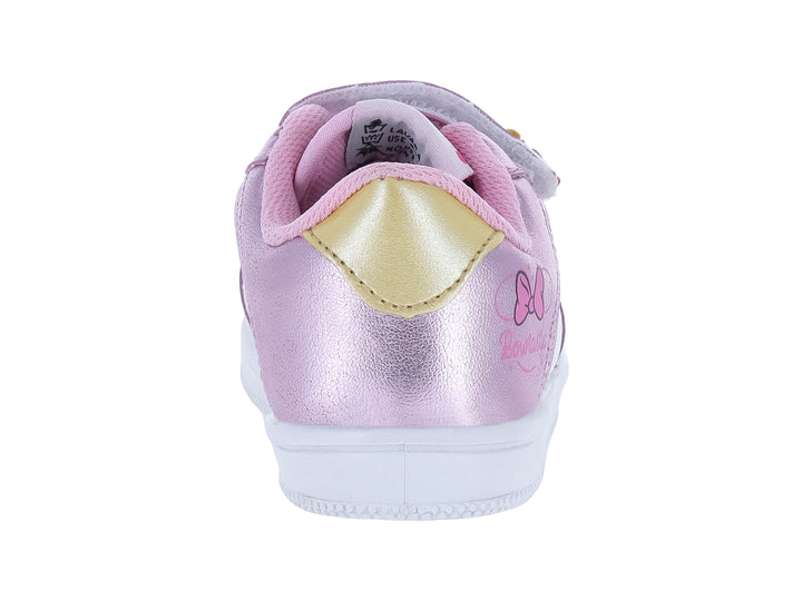 Tenis infantiles PANAM color blanco y rosa metálico con diseño de Minnie Mouse y cierre de velcro.