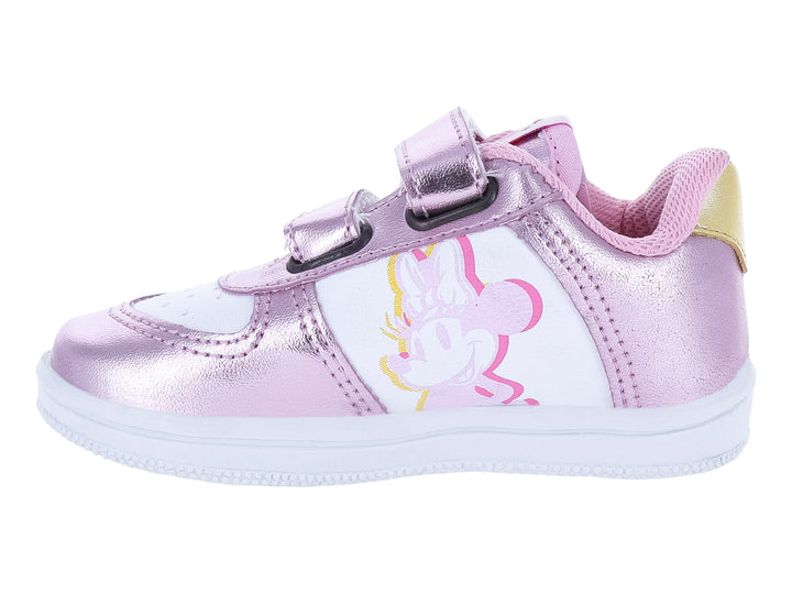 Tenis infantiles PANAM color blanco y rosa metálico con diseño de Minnie Mouse y cierre de velcro.