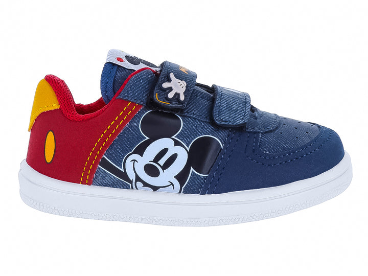 Tenis infantiles PANAM en colores azul y rojo con diseño de Mickey Mouse y cierre de velcro.