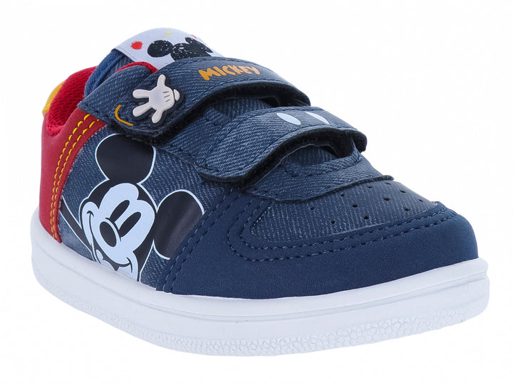 Tenis infantiles PANAM en colores azul y rojo con diseño de Mickey Mouse y cierre de velcro.