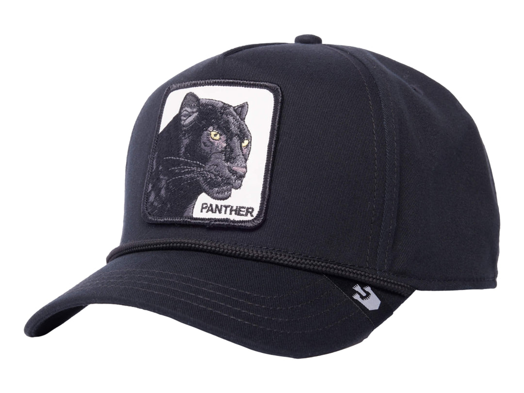 Gorra negra Goorin Bros con parche frontal de una pantera negra y texto PANTHER.