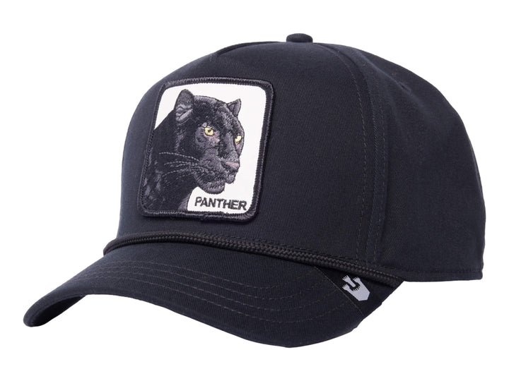 Gorra negra Goorin Bros con parche frontal de una pantera negra y texto PANTHER.