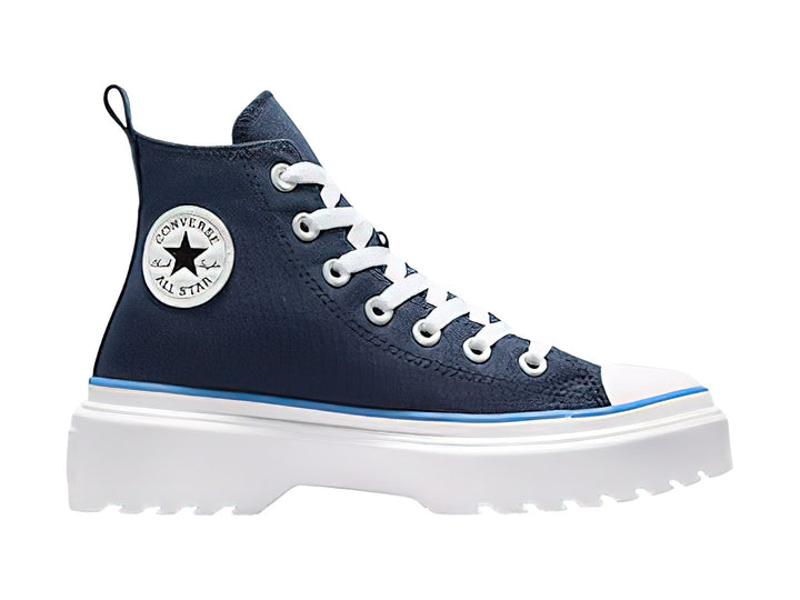 Tenis Converse Chuck Taylor All Star de bota color azul marino con suela plataforma blanca y línea azul claro.