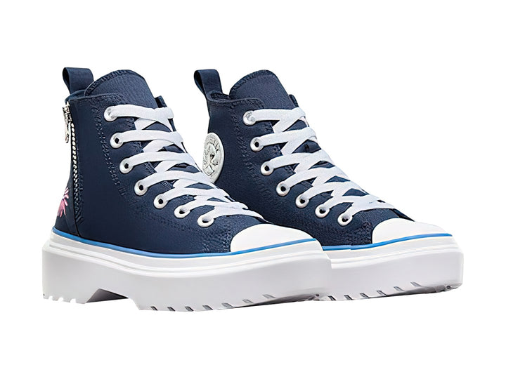 Tenis Converse Chuck Taylor All Star de bota color azul marino con suela plataforma blanca y línea azul claro.