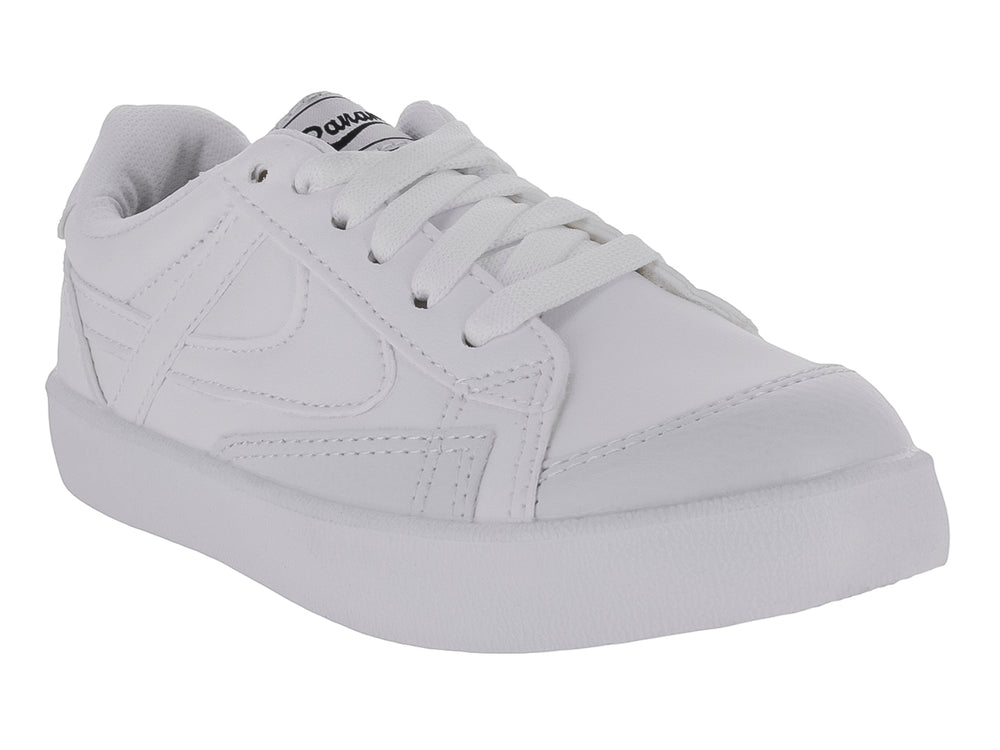 Tenis deportivos color blanco para niño o niña, con agujetas y suela blanca.