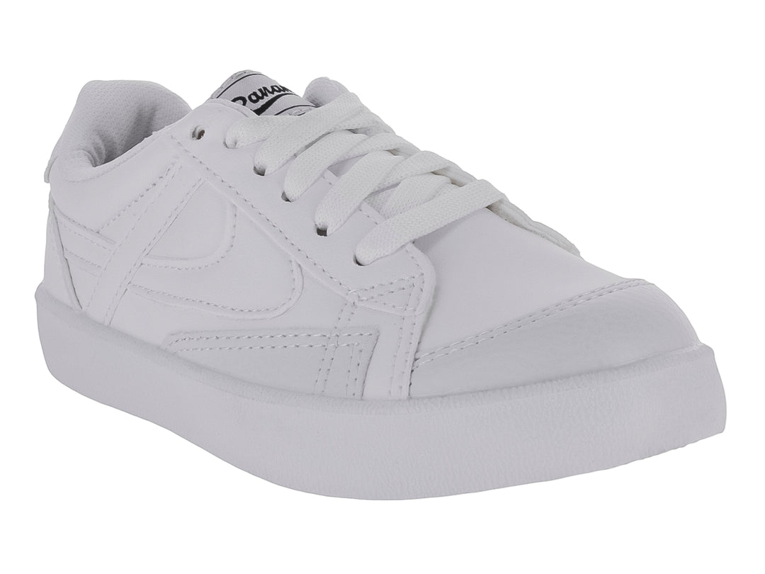 Tenis deportivos color blanco para niño o niña, con agujetas y suela blanca.