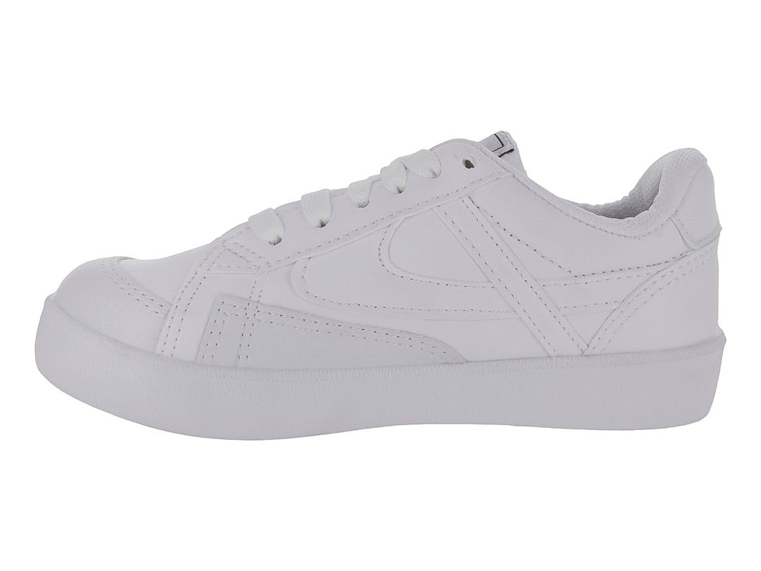 Tenis deportivos color blanco para niño o niña, con agujetas y suela blanca.