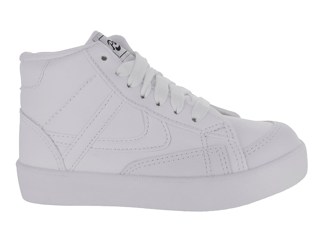 Tenis botín color blanco para niño o niña con agujetas y suela blanca.