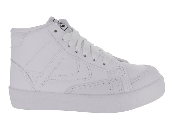 Tenis botín color blanco para niño o niña con agujetas y suela blanca.
