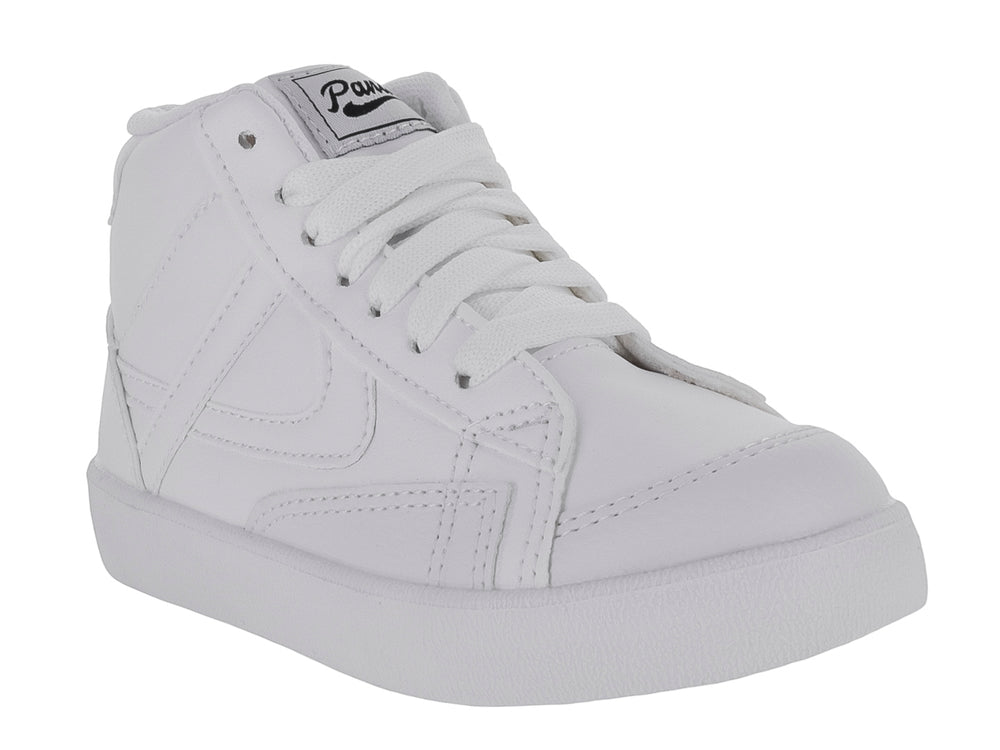 Tenis botín color blanco para niño o niña con agujetas y suela blanca.
