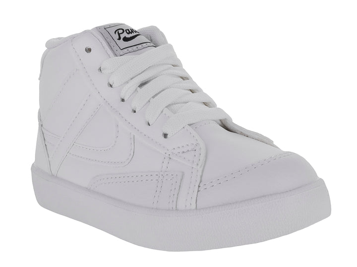 Tenis botín color blanco para niño o niña con agujetas y suela blanca.