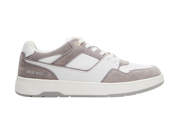 Tenis Steve Madden Traylo en colores blanco y gris con suela blanca y detalles en gamuza.