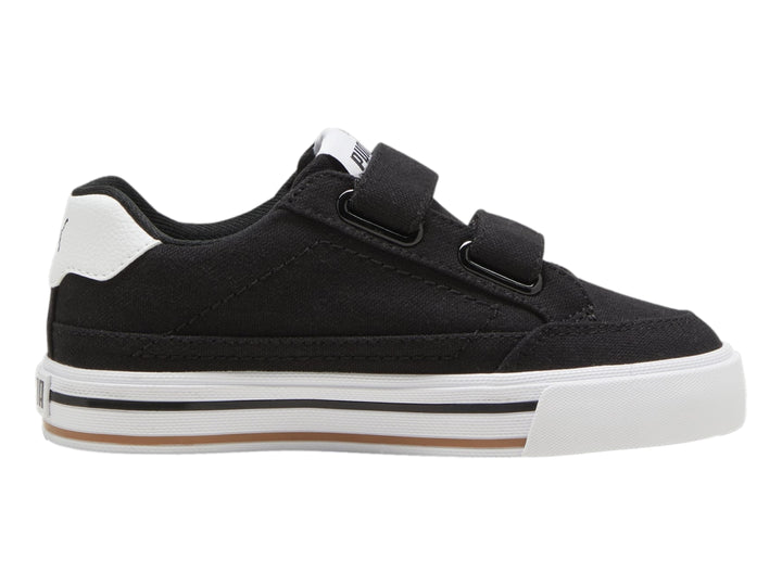 Tenis PUMA Court Classic Vulc FS V PS en color negro con suela y talón blanco y cierre de velcro.