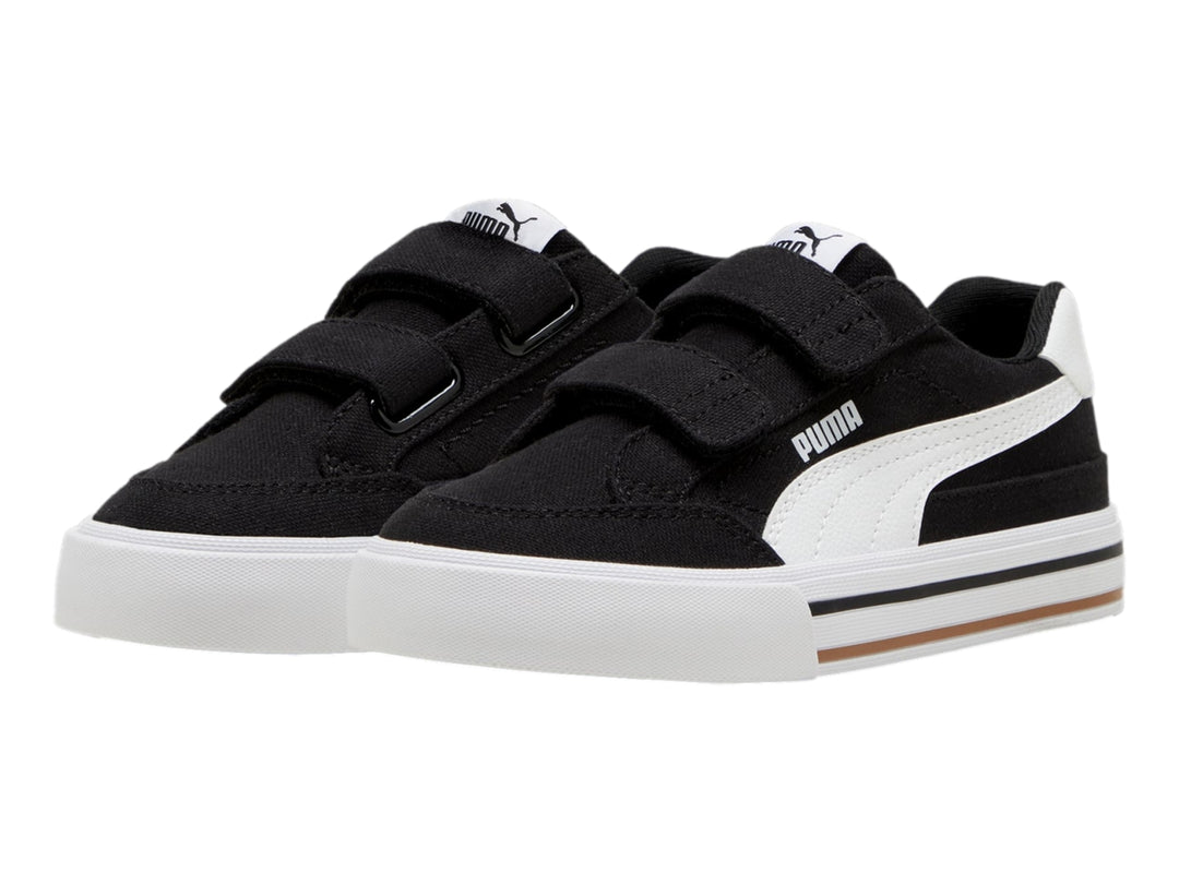 Tenis PUMA Court Classic Vulc FS V PS en color negro con suela y talón blanco y cierre de velcro.