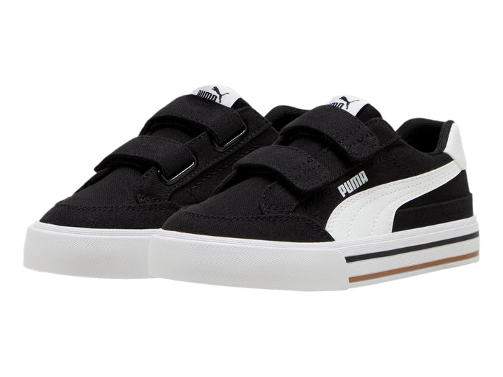 Tenis PUMA Court Classic Vulc FS V PS en color negro con suela y talón blanco y cierre de velcro.
