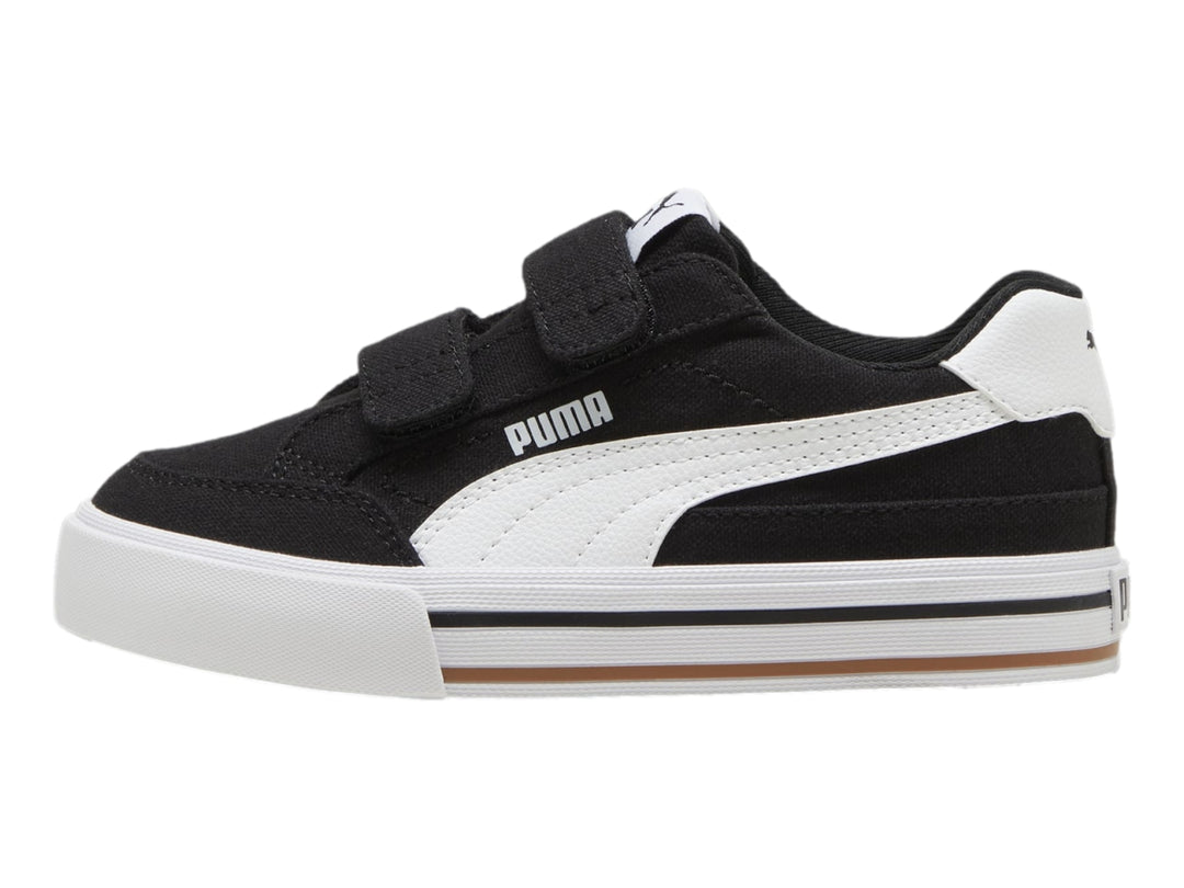 Tenis PUMA Court Classic Vulc FS V PS en color negro con suela y talón blanco y cierre de velcro.