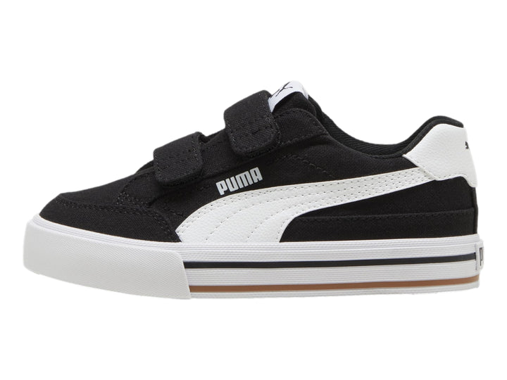 Tenis PUMA Court Classic Vulc FS V PS en color negro con suela y talón blanco y cierre de velcro.