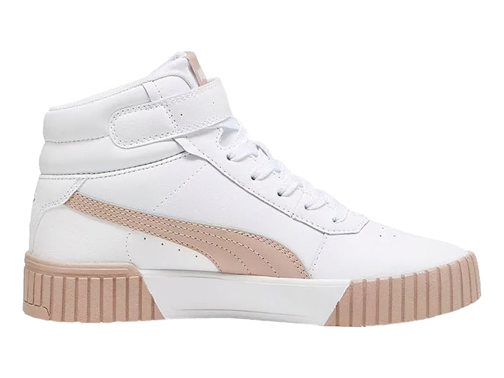 Tenis PUMA Carina 2.0 Mid color blanco con detalles y suela en rosa cuarzo.