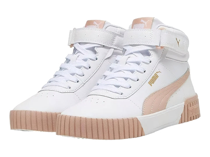 Tenis PUMA Carina 2.0 Mid color blanco con detalles y suela en rosa cuarzo.