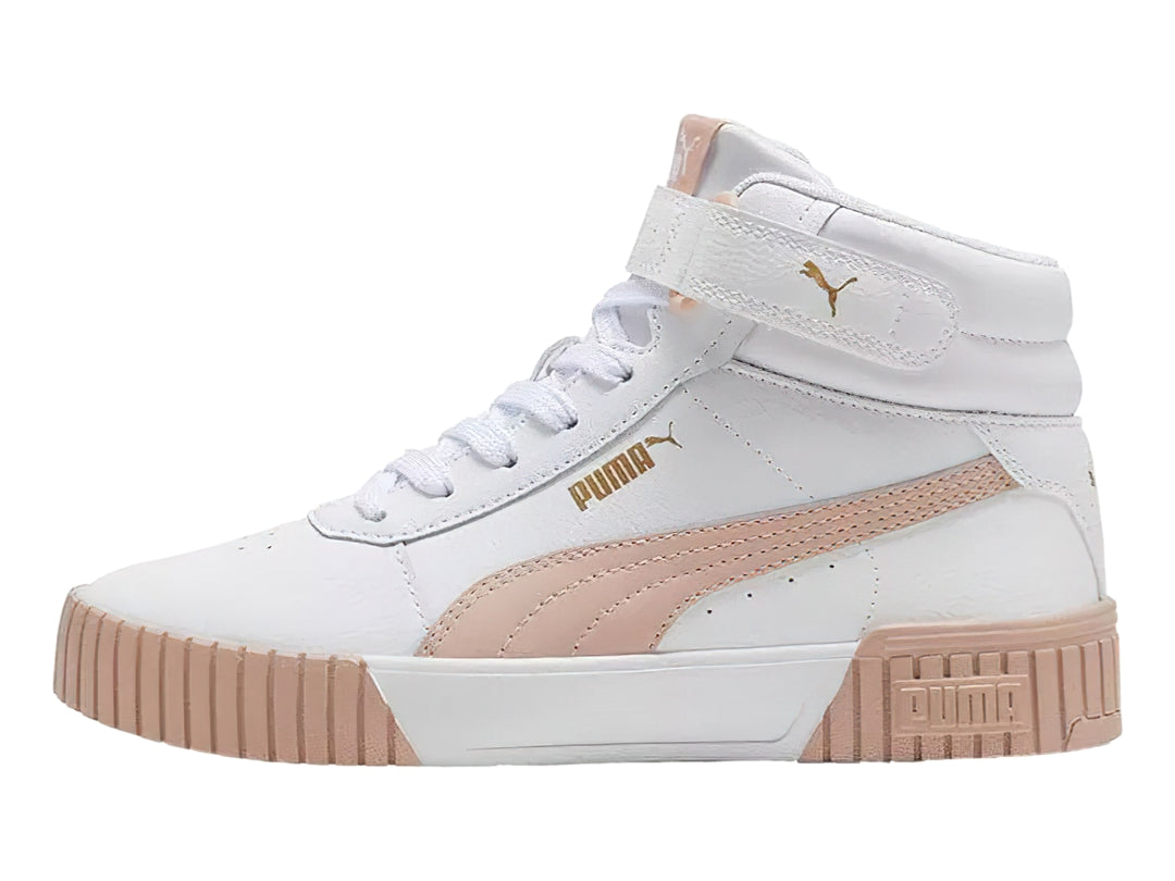 Tenis PUMA Carina 2.0 Mid color blanco con detalles y suela en rosa cuarzo.