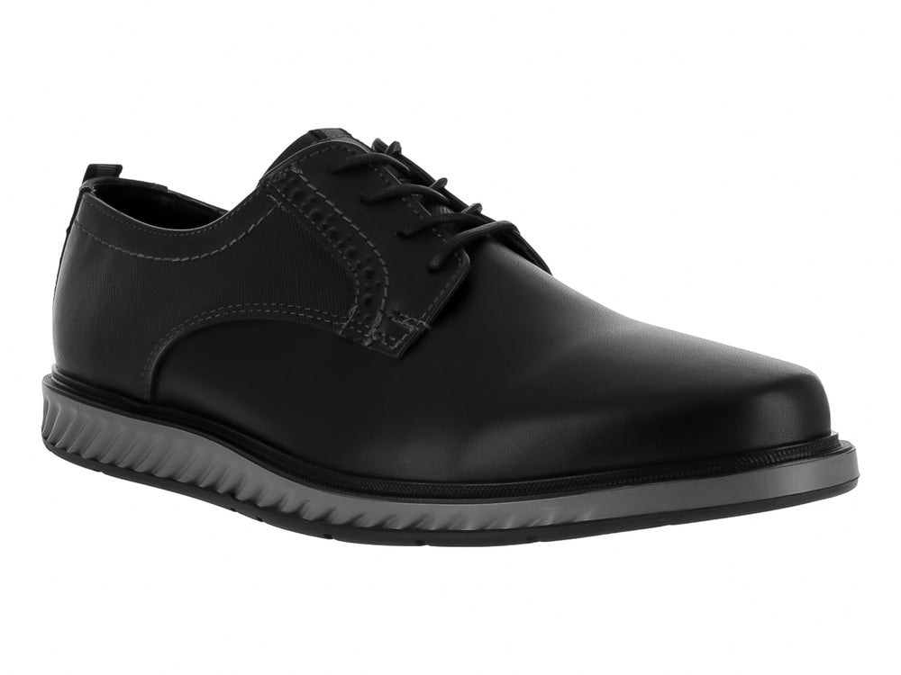 Zapato casual para hombre en color negro con suela gris y cierre de cordones.