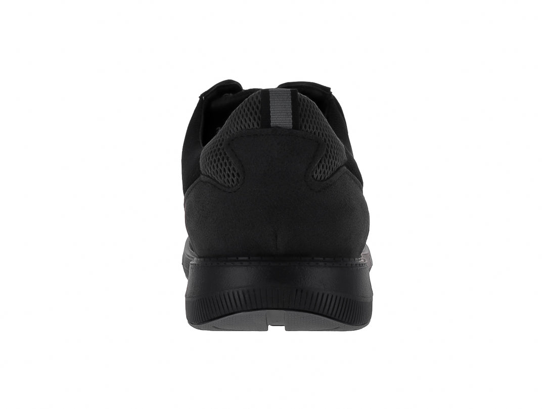 Zapato negro de material sintético con cordones grises y suela negra.