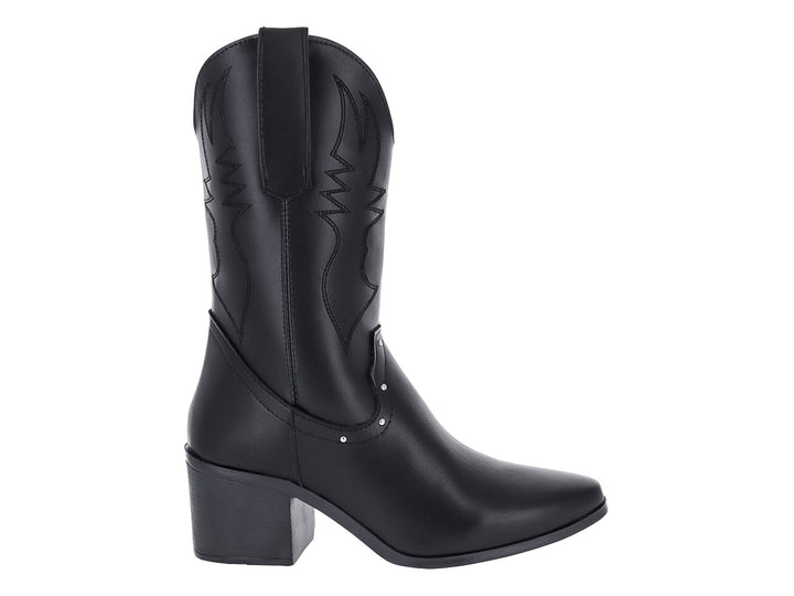 Botín negro estilo vaquero con tacón cuadrado y detalles bordados en el cuerpo.