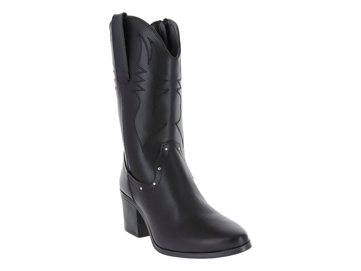 Botín negro estilo vaquero con tacón cuadrado y detalles bordados en el cuerpo.