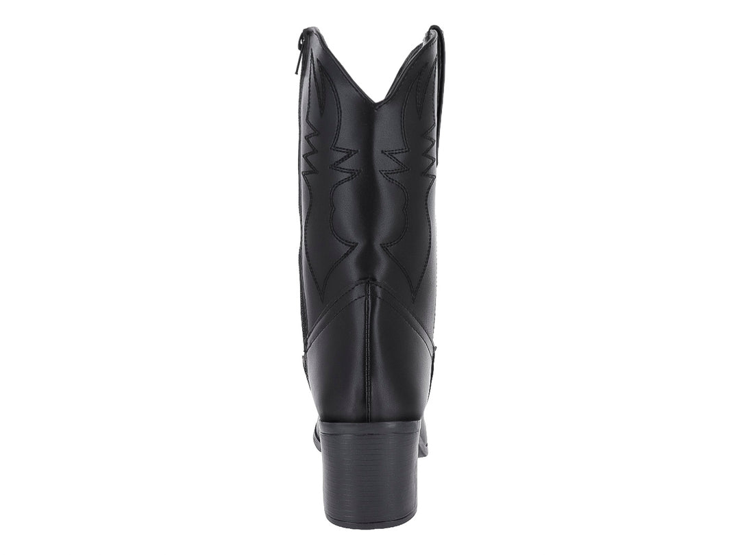 Botín negro estilo vaquero con tacón cuadrado y detalles bordados en el cuerpo.