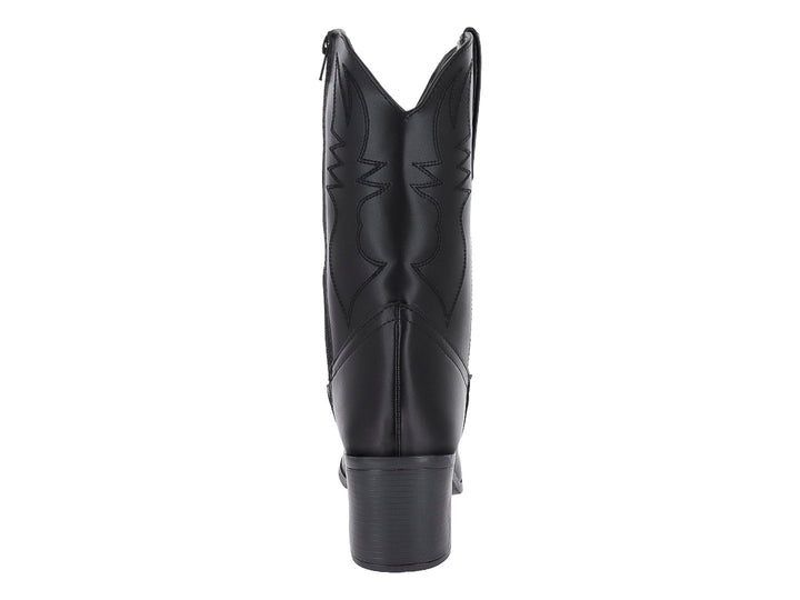 Botín negro estilo vaquero con tacón cuadrado y detalles bordados en el cuerpo.