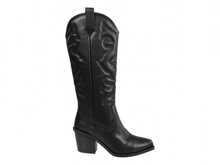 Bota vaquera de color negro con tacón y detalles bordados en el cuerpo.