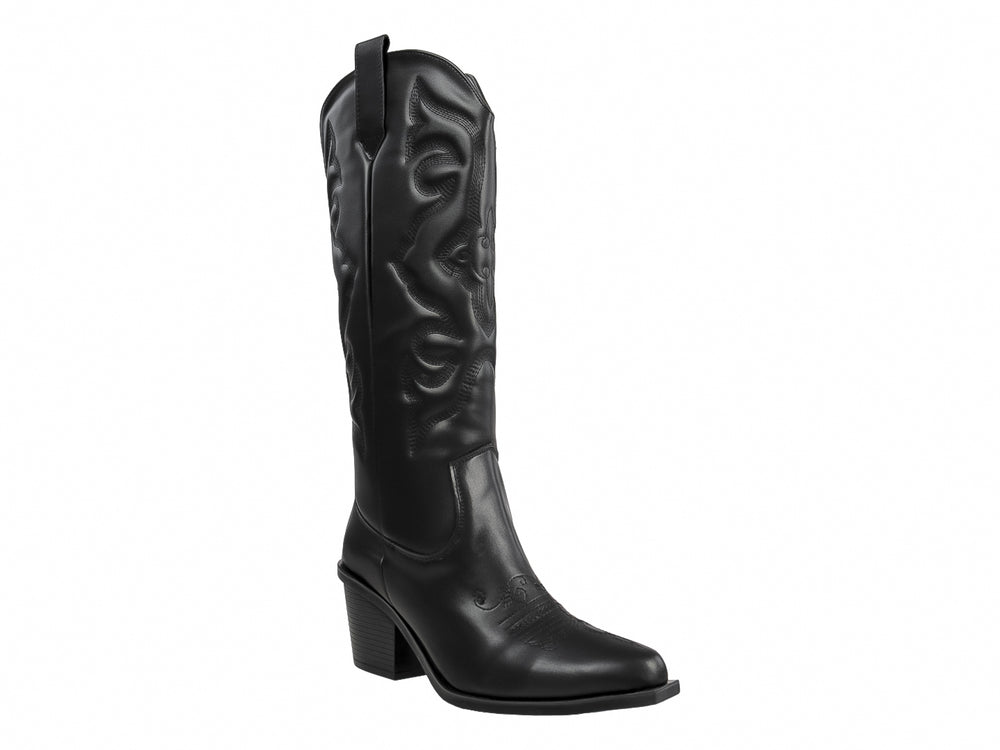Bota vaquera de color negro con tacón y detalles bordados en el cuerpo.