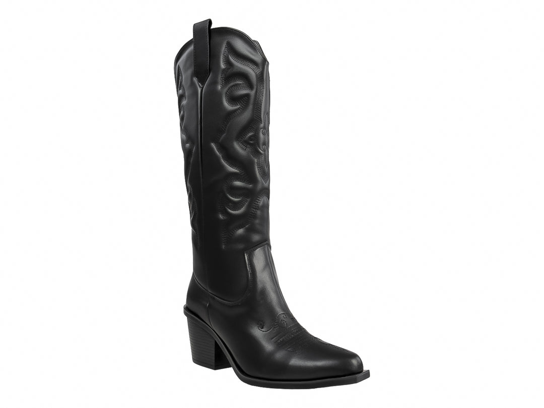 Bota vaquera de color negro con tacón y detalles bordados en el cuerpo.
