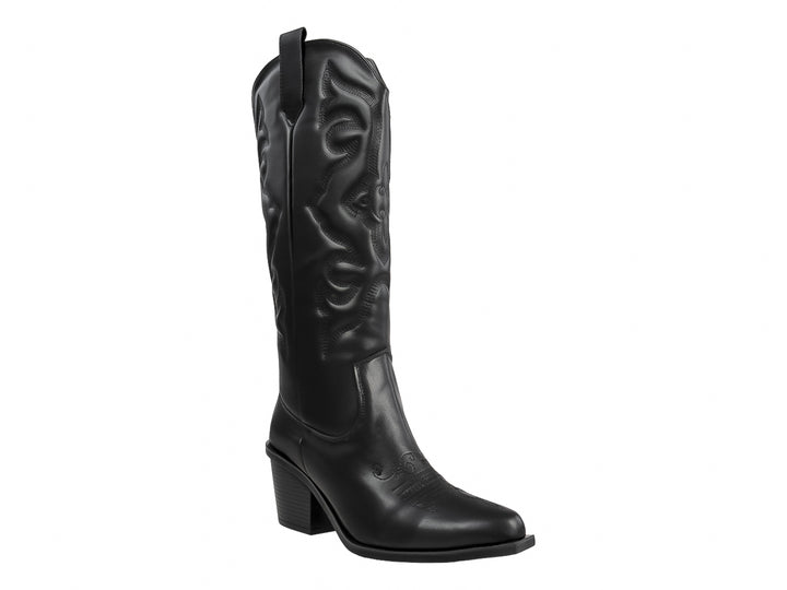 Bota vaquera de color negro con tacón y detalles bordados en el cuerpo.